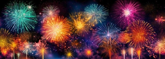 Fototapeta premium An explosion of colorful fireworks lighting up the night sky, creating a festive and celebratory atmosphere. Web banner backdrop. Generative Ai