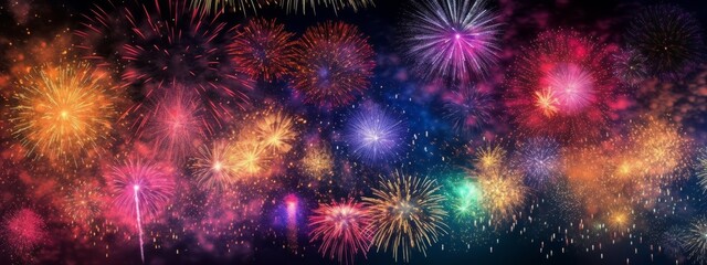 Fototapeta na wymiar An explosion of colorful fireworks lighting up the night sky, creating a festive and celebratory atmosphere. Web banner backdrop. Generative Ai