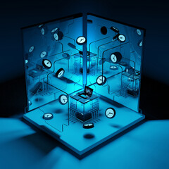 QUANTIQUE IA - Computer time Concept  personal information online database storage and data privacy protection on computer network - Blue ambience with clock