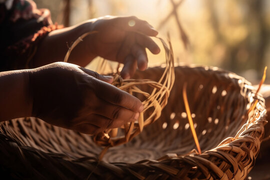 Detailed close-up of hands skillfully weaving a basket on a sunny porch. This image showcases the niche of traditional handicrafts pursued during leisurely summer afternoons.