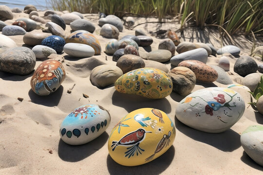 A collection of painted rocks spread out on a sandy beach