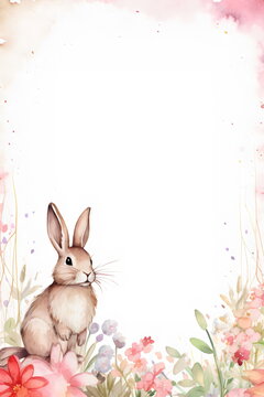 subtle floral bunny frame with white copy space, watercolor painting made with generative ai