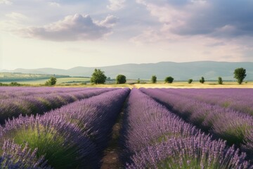 Fototapeta na wymiar Summer blooming lavender field with mountain view.