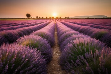 Summer landscape field of blooming lavender at sunset.