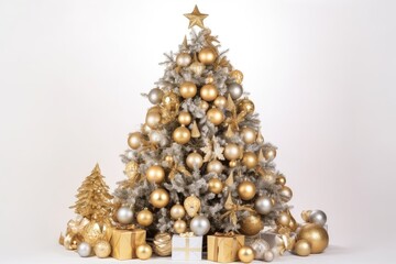 Christmas tree with shiny decorations and gifts on a white background.