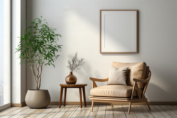 Blank picture frame mockup on gray wall. White living room design. generative AI