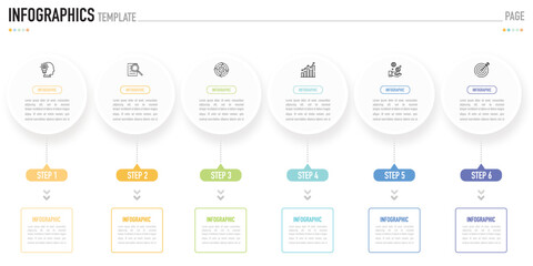 Circular infographic template or element with 6 step, process, option, colorful circle, rectangle, label, arrow, button, minimal style for sale slide, schedule, agenda, flowchart, workflow, roadmap