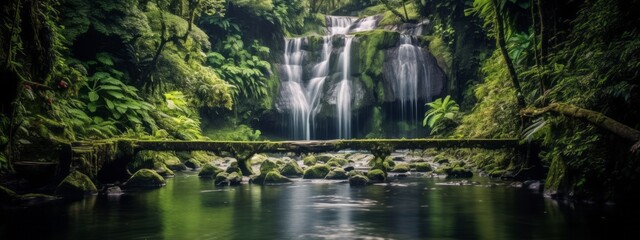 Fototapeta na wymiar A dreamy and ethereal capture of a waterfall surrounded by lush greenery, evoking a sense of serenity and natural beauty. Web banner backdrop. Generative Ai