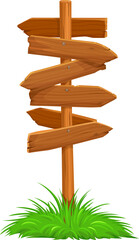 Cartoon wooden direction sign or pointer signboard, vector wood signpost or post board. Direction sign of wooden plank arrows, old road blank signboard or rustic banner with direction arrows on grass
