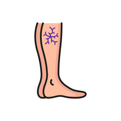 Varicose veins, leg with vascular net outline icon. Vector swelling pain of abnormal blood pressure, weak valves. Vascular disease diagnostic and treatment