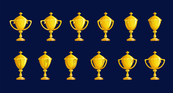 Golden trophy cup sequence, animation sprite sheet. Cartoon vector gold winner goblet turn around animated rotation frame. Turning game ui gui yellow glossy assets for user interface, isolated bonus