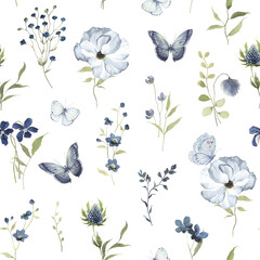 Pattern with blue abstract flowers and blue flying butterflies, watercolor seamless floral illustration for textile, nature background or wallpapers.
