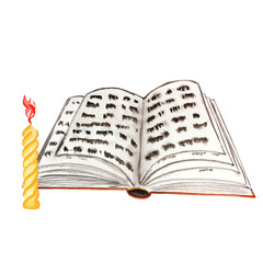 Book of spells with candles. Watercolor illustration of a set for Halloween on a white background. Party decor. Hand drawn for your design