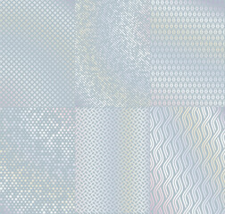 Hologram silver foil posters, geometric background. Vector paper pieces with shimmering reflective surface and luxurious metallic finish. Isolated shining decorative sheets with holographic effect