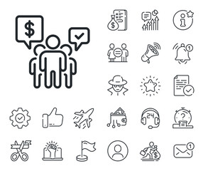 Employees chat sign. Salaryman, gender equality and alert bell outline icons. Teamwork line icon. Core value symbol. Teamwork line sign. Spy or profile placeholder icon. Online support, strike. Vector
