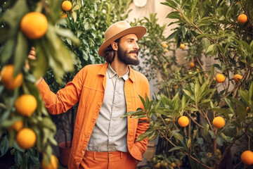 Jungen Mann mit Bart und Strohhut in orangefarbener Hose und Jacke zwischen Orangenbäumen als Lifestyle Modefoto. Generative AI