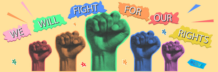 Rainbow colored hand with a fist raised up. halftone. Gay Pride. LGBT concept. Realistic style vector colorful illustration.
