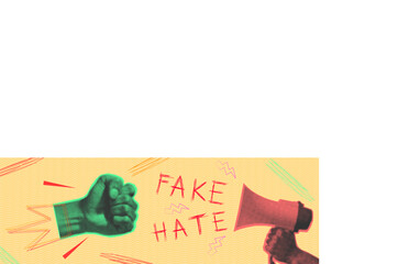 Fake news, hate trendy vintage collage conception with halftone fist,