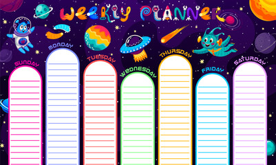 Weekly planner schedule. Cartoon alien and ufo in starry galaxy space. Education school timetable vector template for kid. Time table for lessons with lined frames and funny extraterrestrial creatures