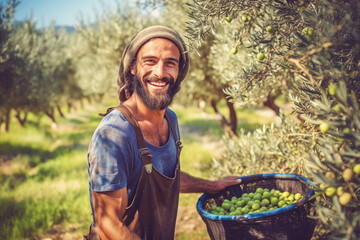 Junger Mann mit Bart in einem Overall bei der Olivenernte in einer Olivenplantage im Sonnenschein. Generative AI - obrazy, fototapety, plakaty
