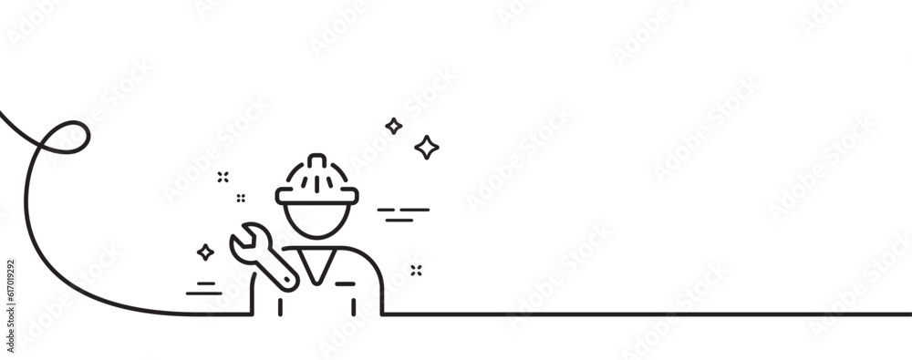 Poster spanner tool line icon. continuous one line with curl. repairman service sign. fix instruments symbo