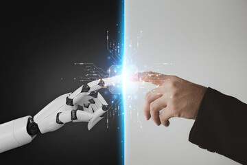 Robot and human hands pointing to each other, the idea of creating futuristic AI, intelligent...