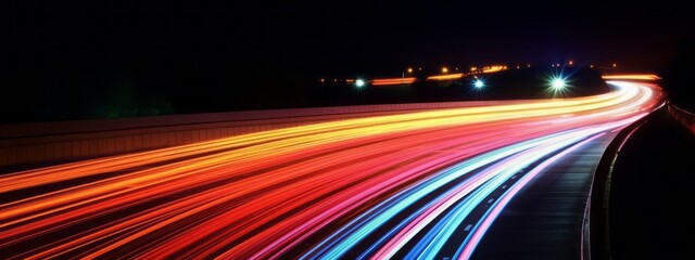 A long-exposure image of light trails from moving vehicles at night, creating a sense of motion and excitement. Web banner backdrop. Generative Ai