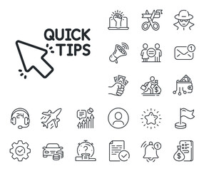 Helpful tricks sign. Salaryman, gender equality and alert bell outline icons. Quick tips click line icon. Quick tips line sign. Spy or profile placeholder icon. Online support, strike. Vector