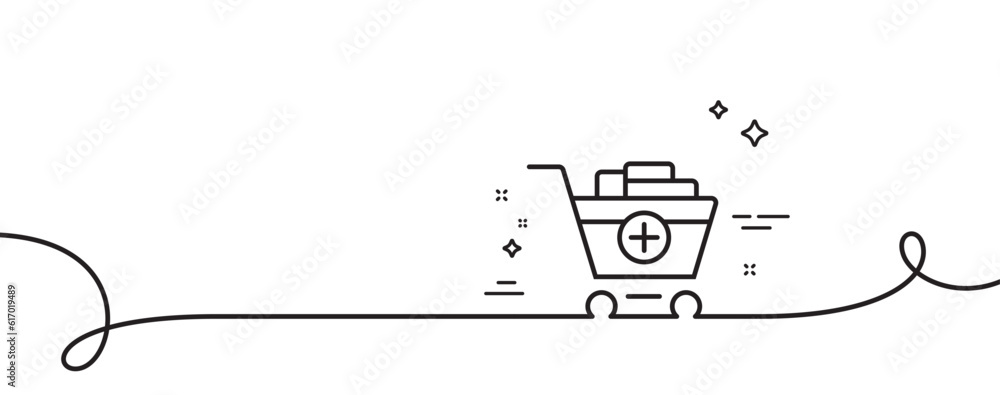 Poster add to shopping cart line icon. continuous one line with curl. online buying sign. supermarket baske