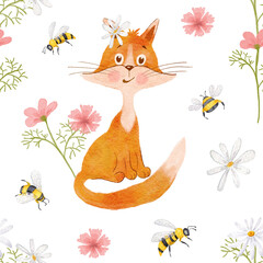 Red fox and bee. Seamless pattern with Sly, cheerful fox in flowers and with bees. Watercolor Cheerful Fox in the forest. Childrens illustration.