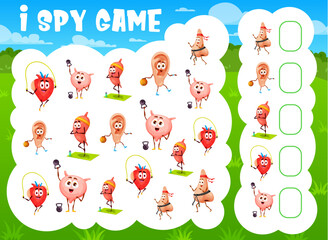 I spy game, cartoon funny human organs characters, vector quiz worksheet. Kids puzzle riddle to find two same hearts on fitness sport, bladder with gym barbell, kidney in yoga and ear playing ball