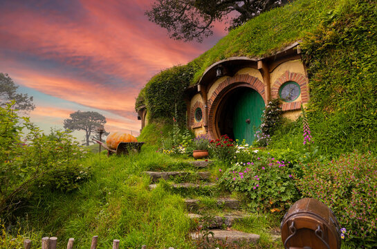 MATAMATA- NEW ZEALAND -NOVEMBER -2- 2022: Hobbiton - movie set created for filming the Lord of the Rings and "Hobbit" movies - Matamata, New Zealand,spring scene background