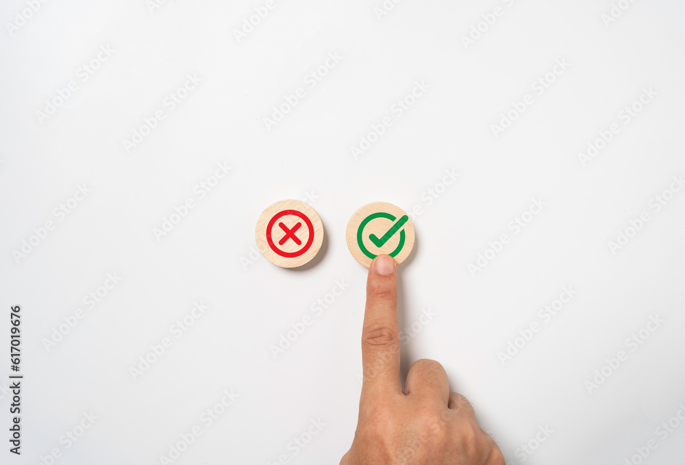 Poster Hand touching and select to green correct sign symbol for approve document and project concept.