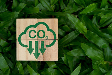 CO2 reducing icon print screen on wooden cube and green grass for decrease CO2 , carbon footprint...