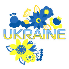 Lettering Ukraine and Ukrainian ethnic flowers in the colors of the flag