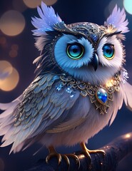 Majestic owl with sparkling diamonds and glittering precious stones - a fascinating jewel of nature
