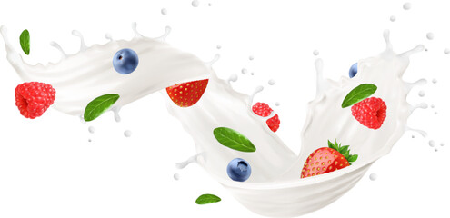 White yoghurt or milk swirl splash with berries. Isolated 3d vector realistic dairy product, milkshake or cream white liquid stream with strawberry, blueberry, green leaves and drops fresh cocktail