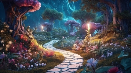 Obraz na płótnie Canvas Fantasy fairy tale forest with fireflies in trees, cartoon background with flowers in magic night light or fairy garden by AI generative