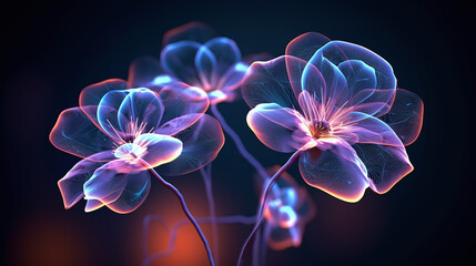 Digital futuristic flower wallpaper, neon light glow blossom wireframe, background with flower cyber hologram in AI generative - 617020087