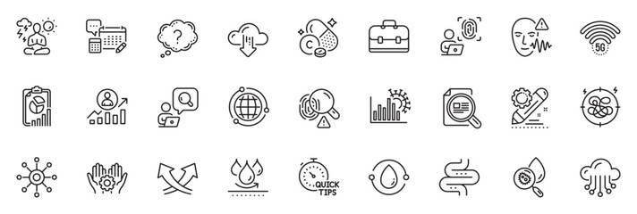 Icons pack as Multichannel, Account and Career ladder line icons for app include Yoga, Vitamin c, Computer fingerprint outline thin icon web set. Check article, Waterproof. Vector