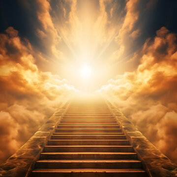 Climbing the stairs to the sun. Staircase to meet God. Bright sky light background. Religion.