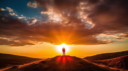 Fototapeta premium Sunset, man silhouette on mountain top, realistic background with sunset light in clouds and sky by AI generative