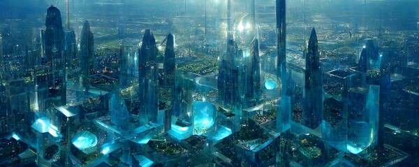 aerial view large dynamic Moscow city 3000 with Crystal Sphere Fliating in blue upward light column energy lightning and space capsules flying around reflecting in mirror dimension upside down large 