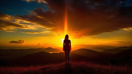 Sunset, woman silhouette on mountain, realistic background with sun light in sky clouds sky by AI generative