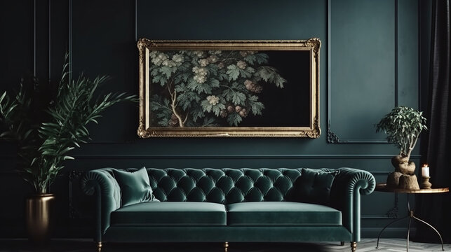Mock up picture frame in dark green room interior with green velvet sofa, realistic background with plant pot on small table by AI generative