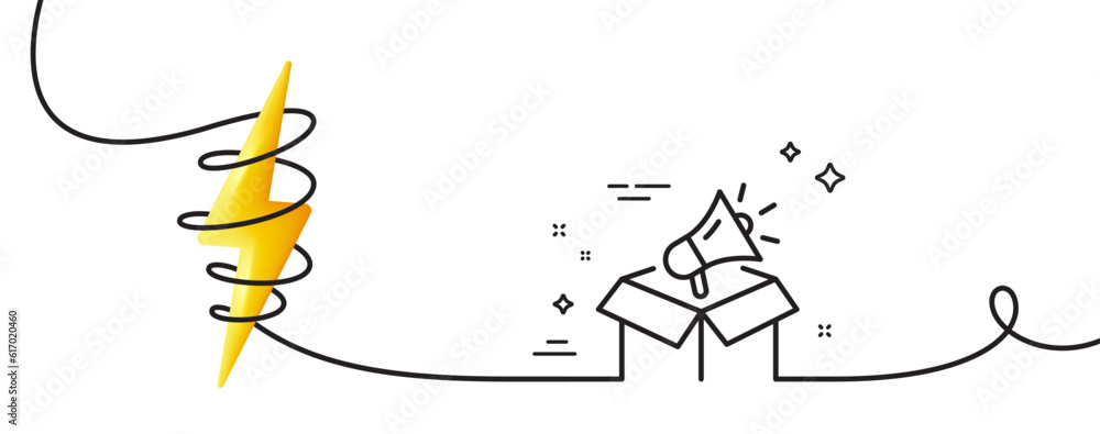Poster megaphone box line icon. continuous one line with curl. advertisement device symbol. brand ambassado