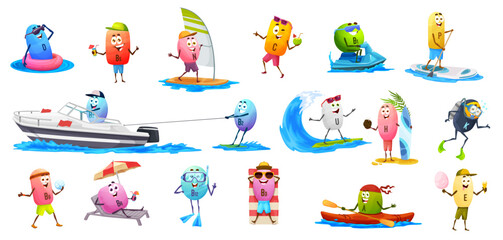 Cartoon vitamin characters on summer vacation. Vector b9 and b6, b2, u, c and e, P, n, b1, a and h, d, and k capsule pill personages on summer beach sports and vacation © Vector Tradition