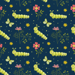 Green watercolor caterpillar with a butterfly. Seamless watercolor pattern with insects. Butterfly caterpillar in flowers on dark background