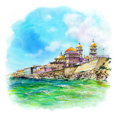 Watercolor sketch of Cathedral de Santa Cruz in Cadiz, Andalusia, Spain. © Kavalenkava