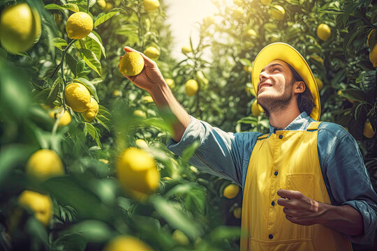 Junger Landwirt in einer Zitronenplantage erntet reife Zitronen im Sonnenschein. Generative AI